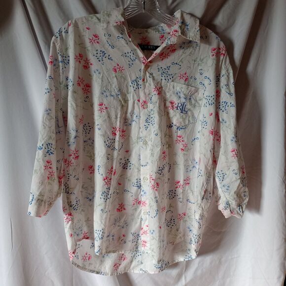 Lauren Ralph Lauren Lightweight Floral Roll tab Monogram 3/4 Sleeve size S - Picture 1 of 9